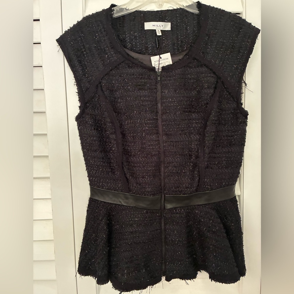 Milly Black Sparkled & Distressed Silk Peplum Style Top